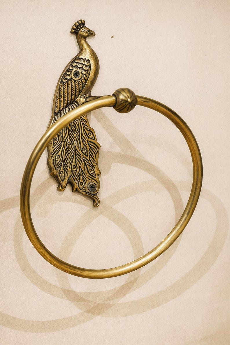 Antique Brass Peacock Towel Ring (6 in dia) Vintage Peacock Bathroom Hardware, Decorative Brass Towel Holder, Handcrafted Wall Mount Ring image 13