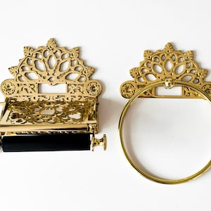 Ensemble d&#39;anneaux porte-serviettes + porte-rouleau victorien poli en laiton / Fabriqué à la main et laiton massif