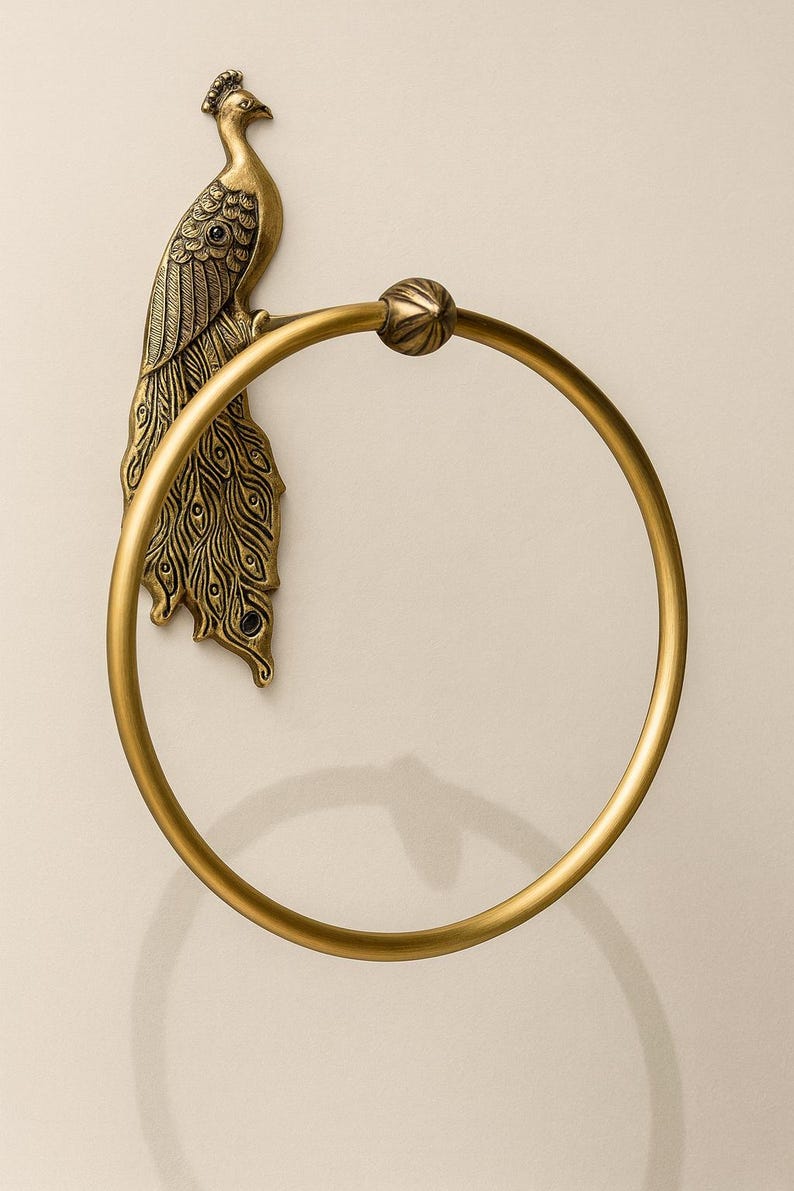 Antique Brass Peacock Towel Ring (6 in dia) Vintage Peacock Bathroom Hardware, Decorative Brass Towel Holder, Handcrafted Wall Mount Ring image 14