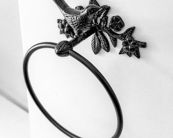 Handcrafted Solid Brass Black Finish Bird Towel Ring Holder