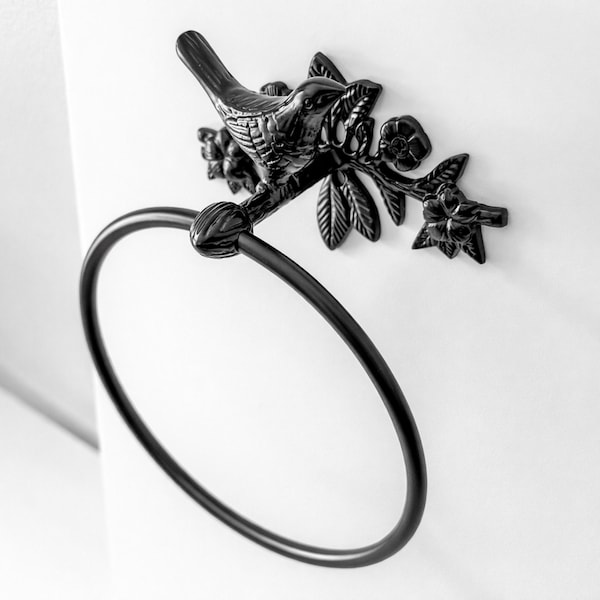 Toallero de aro con diseño de pájaro, hecho a mano, de latón macizo y acabado negro