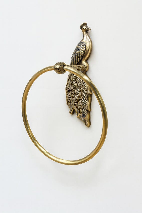 Antique Brass Peacock Towel Ring (6 in dia) Vintage Peacock Bathroom Hardware, Decorative Brass Towel Holder, Handcrafted Wall Mount Ring