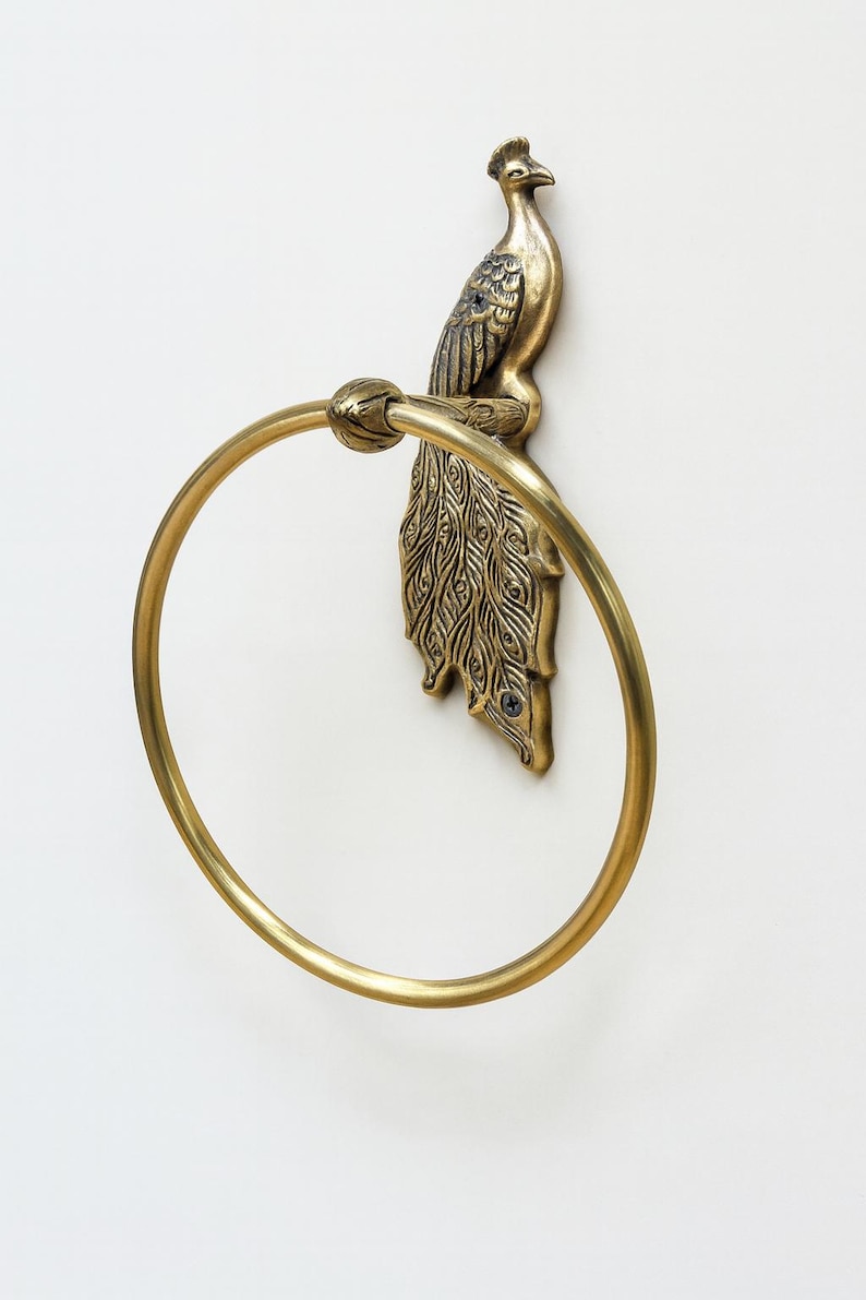 Antique Brass Peacock Towel Ring (6 in dia) Vintage Peacock Bathroom Hardware, Decorative Brass Towel Holder, Handcrafted Wall Mount Ring image 1
