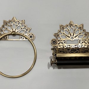 Set antico vittoriano di anello portasciugamani + porta rotolo + gancio / fatto a mano e in ottone massiccio