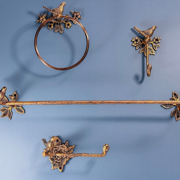 Handcrafted Solid Brass Bird Bathroom Set: Towel Ring, Roll Holder, Hook & Rack