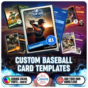 Plantilla de Canva para tarjetas de béisbol personalizables, plantilla para tarjetas coleccionables de jugadores, tarjeta deportiva personalizada para hacer tú mismo, obsequios para equipos escolares imprimibles