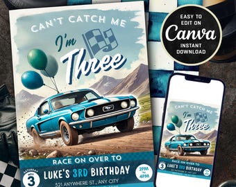 Bewerkbaar Can't Catch Me I'm Three Verjaardagsuitnodiging - raceautothema - derde verjaardag - Mustang - feestuitnodiging - digitale download