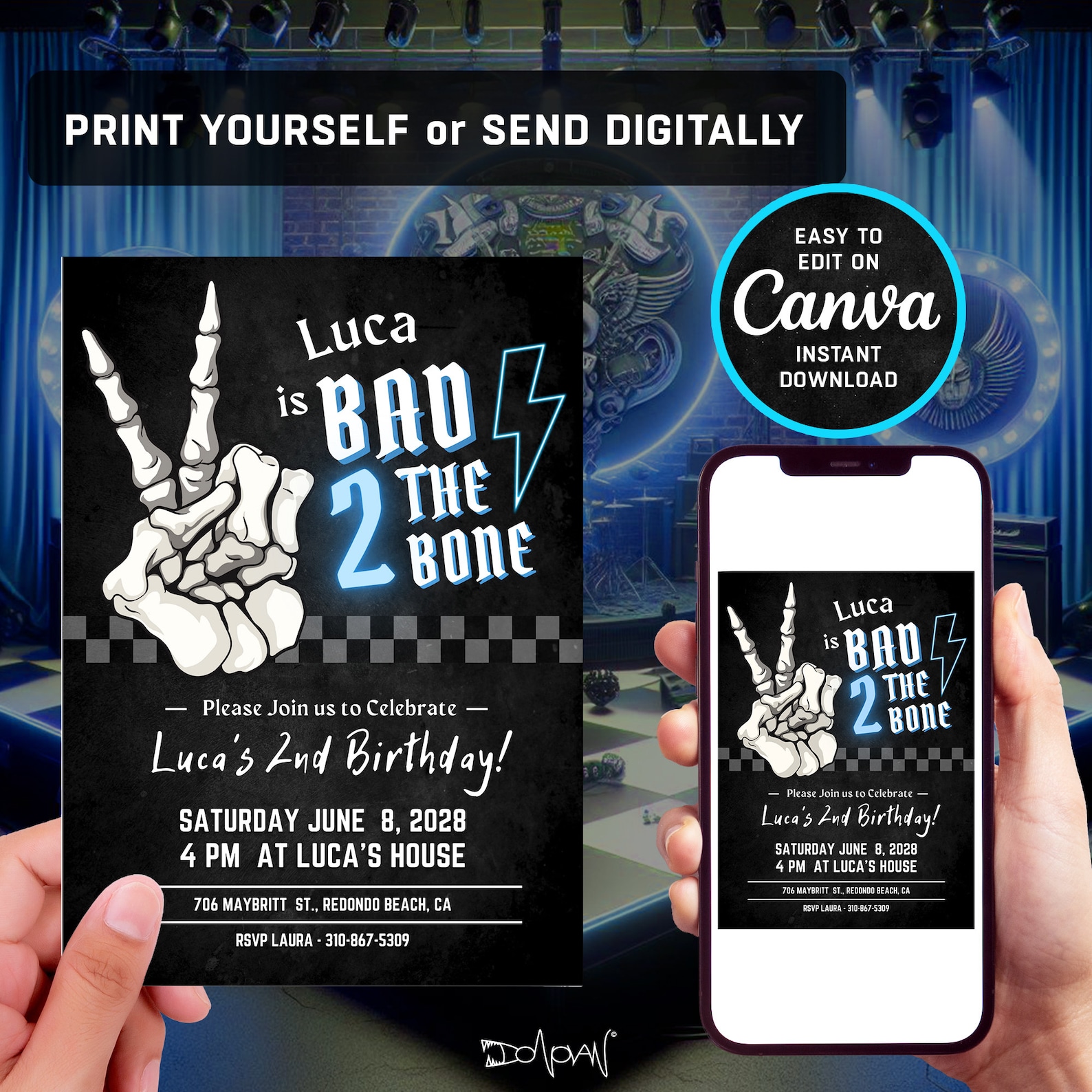 Editable Bad 2 the Bone Birthday Invitation - Bad Two the Bone - 2nd ...