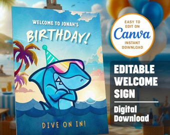 Editable Shark Birthday Welcome Sign - Beach Themed Birthday Invite - Customizable - Canva Digital Download