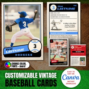 Plantilla de Canva para tarjetas de béisbol personalizables, plantillas de tarjetas coleccionables de jugadores, tarjetas deportivas personalizadas DIY, regalos imprimibles para equipos escolares