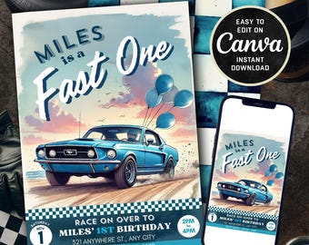 Bewerkbare Fast One verjaardagsuitnodiging - raceautothema - 1e verjaardag - Mustang - 1e ronde - éénjarige - feestuitnodiging - digitale download