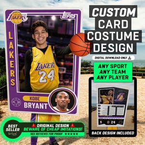May include: A custom basketball trading card costume design featuring a purple and gold frame with the Los Angeles Lakers logo, Topps branding, and Kobe Bryant's name and image. The design includes a basketball graphic and back design.