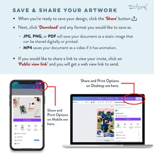 May include: A screenshot of a mobile phone and a laptop computer showing the share and print options for a design created in the Dopahn app. The mobile phone screen shows the print options for a design with a floral theme. The laptop screen shows the share and print options for a design with a football theme. The text on the screen says "Share this design" and "Print with Canva".