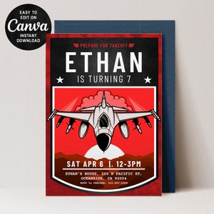 Editable Fighter Pilot Birthday Invitation - Jet Pilot Aviation Theme (RED Version) Digital Download