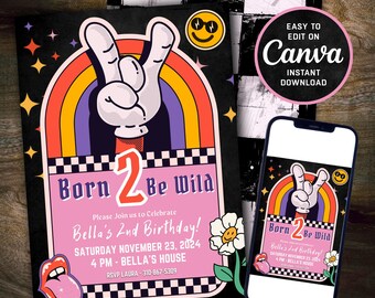 Bewerkbare verjaardagsuitnodiging Born 2 Be Wild - Born Two Be Wild - Retro - 2e verjaardag - roze versie - digitale download