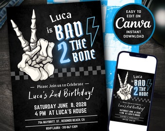 Editable Bad 2 the Bone Birthday Invitation - Bad Two the Bone - 2nd Birthday - Blue - Digital Download