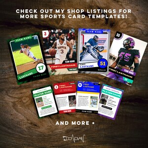 May include: A collection of customizable sports card templates featuring different sports, including baseball, basketball, hockey, and football. The templates include space for player name, team name, position, and other details. The templates are designed to be printed on standard card stock.