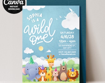 Bewerkbare Wild One-verjaardagsuitnodiging - papierstijl schattige dieren