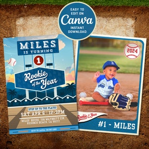 May include: A baseball-themed first birthday party invitation with a blue and white color scheme. The invitation features a baseball stadium with a sign that reads "Rookie of the Year" and a baseball card with a photo of a baby boy wearing a baseball uniform. The text on the invitation reads "Miles is turning 1" and includes the date, time, and location of the party.