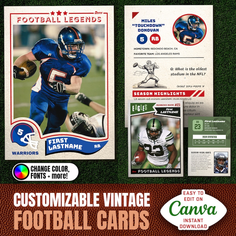 May include: Customizable vintage football cards template with a green, white, and red color scheme. The template features a football player in a green uniform with the number 23 on the front. The text "Football Legends" is at the bottom of the card. The text "Easy to edit on Canva" is at the bottom right of the card.