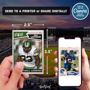 May include: Two printable football trading cards, one for the Eagles and one for the Warriors. The cards are 2.5 inches wide and 3.5 inches tall. The Eagles card features a green and white uniform with the number 23. The Warriors card features a blue and white uniform with the number 5.
