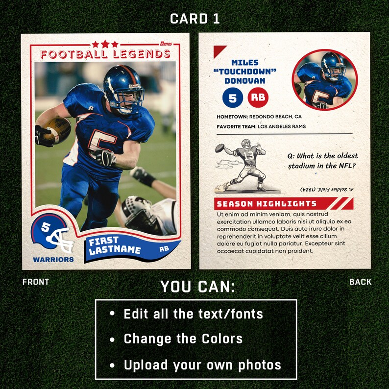 May include: A vintage-style football trading card featuring a football player in a blue jersey with the number 5. The card has a red, white, and blue color scheme and includes the text "Football Legends", "Miles "Touchdown" Donovan", "5 RB", "First Lastname", "Warriors", and "Season Highlights".