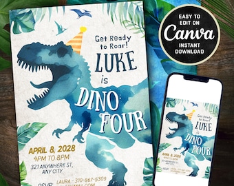 Editable Dino-Four Birthday Invitation - Watercolor Dinosaur T-Rex Theme - Digital Download