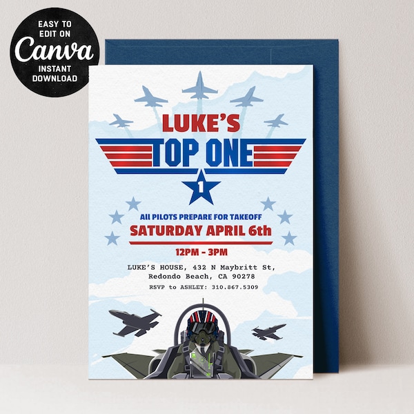 Editable Top One Birthday Invitation - Fighter Pilot Theme - 1st Birthday - Digital Download