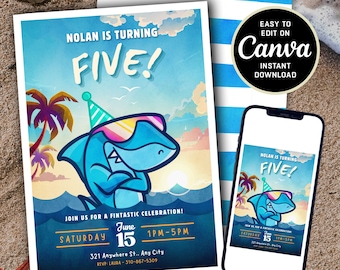 Editable Shark Birthday Invitation - Beach Themed Birthday Invite - Customizable - Canva Digital Download