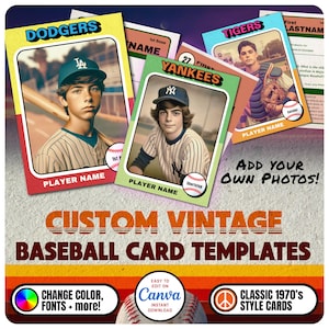Modelo de cartão de beisebol vintage personalizável Canva, modelo de cartões de troca de jogadores, cartão de esporte DIY personalizado, presentes de equipe escolar para impressão