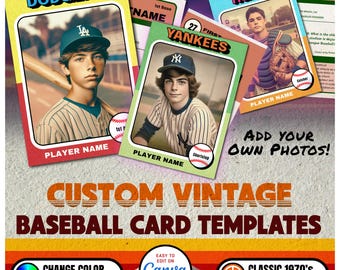 Modelo de cartão de beisebol vintage personalizável Canva, modelo de cartões de troca de jogadores, cartão de esporte DIY personalizado, presentes de equipe escolar para impressão