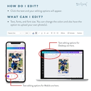 May include: A screenshot of a mobile phone and a laptop computer showing the text editing options for a design in Canva. The mobile phone shows a design of a football player with the text "FOOTBALL LEGENDS" and "FIRST LASTNAME". The laptop shows the same design with the text editing options in the top menu bar. The text editing options include font, size, color, alignment, and effects.