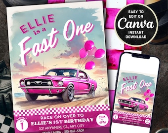 Bewerkbare meisjes Fast One verjaardagsuitnodiging - raceautothema - 1e verjaardag - Mustang - eenjarige - feestuitnodiging - digitale download