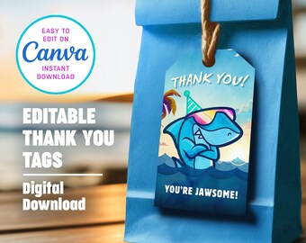 Editable Shark Birthday Thank You Tags - Beach Themed Birthday Invite - Customizable - Canva Digital Download