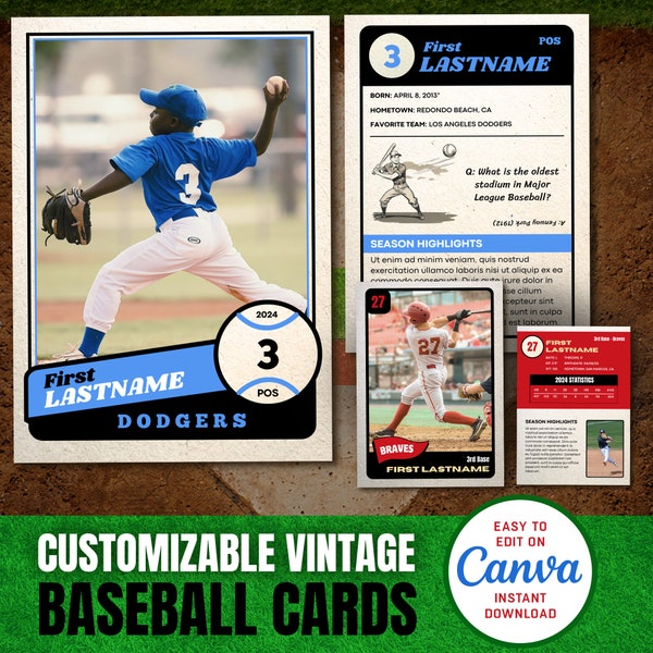 Anpassbare Baseballkarte Canva Vorlage, Spieler-Sammelkarten-Vorlage, personalisierte DIY Sportkarte, druckbare Schulteam-Geschenke