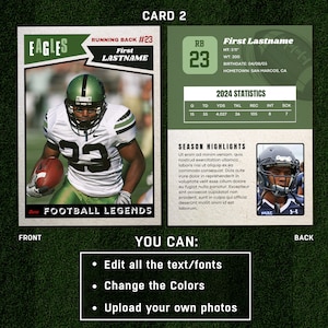 May include: A green and white football card with a photo of a football player wearing a green jersey with the number 23. The card has the text "EAGLES" and "FOOTBALL LEGENDS" on it. The back of the card has the player's name, stats, and a photo of the player in a different pose.
