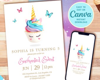 Bewerkbare verjaardagsuitnodiging betoverde eenhoorn - gepersonaliseerde verjaardag meisje - cupcake uitnodiging - digitale download