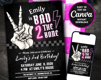 Editable Bad 2 the Bone Birthday Invitation - Bad Two the Bone - 2nd Birthday - Pink - Digital Download