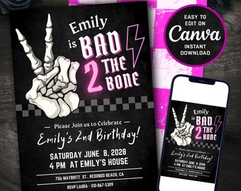 Editable Bad 2 the Bone Birthday Invitation - Bad Two the Bone - 2nd Birthday - Pink - Digital Download