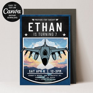 Editable Fighter Pilot Birthday Invitation - Jet Pilot Aviation Theme (Sunset Version) Digital Download