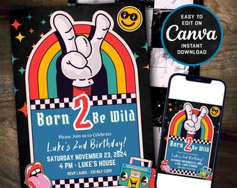Invitación de cumpleaños editable Born 2 Be Wild - Born Two Be Wild - Retro - 2.º cumpleaños - Versión azul - Descarga digital