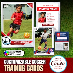 Plantilla de tarjeta de fútbol personalizable en Canva, plantilla de tarjetas coleccionables de jugadores, tarjeta deportiva personalizada para hacer tú mismo, obsequios para equipos escolares imprimibles