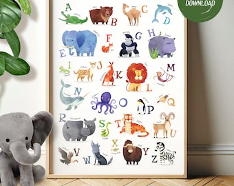 Alfabetposter met wilde dieren | Educatieve posters | ABC-poster | Muurkunst kinderkamer | Montessoriposters | Klasdecoratie | Digitale download