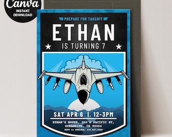 Editable Fighter Pilot Birthday Invitation - Jet Pilot Aviation Theme (BLUE Version) Digital Download
