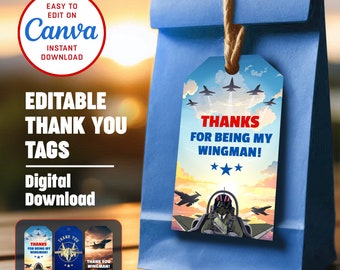 Editable Fighter Pilot Birthday Thank You Tags - Jet Pilot Theme - Digital Download