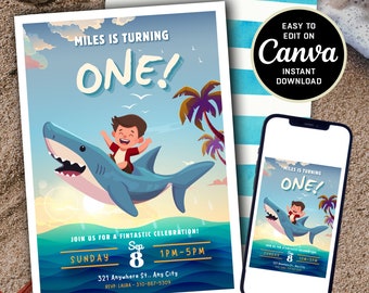 Editable Shark Birthday Invitation - Beach Themed Birthday Invite - Customizable - Choose Your Shark Rider - 1st Birthday - Digital Download