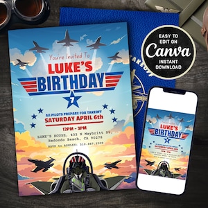 Editable Fighter Pilot Birthday Invitation - Jet Pilot Theme - Digital Download