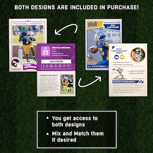May include: Two different designs for a football player trading card template. The first design is purple and features a football player in a white uniform with the number 23. The second design is green and features a football player in a blue uniform with the number 86. The text "You get access to both designs" and "Mix and Match them if desired" is displayed below the cards.