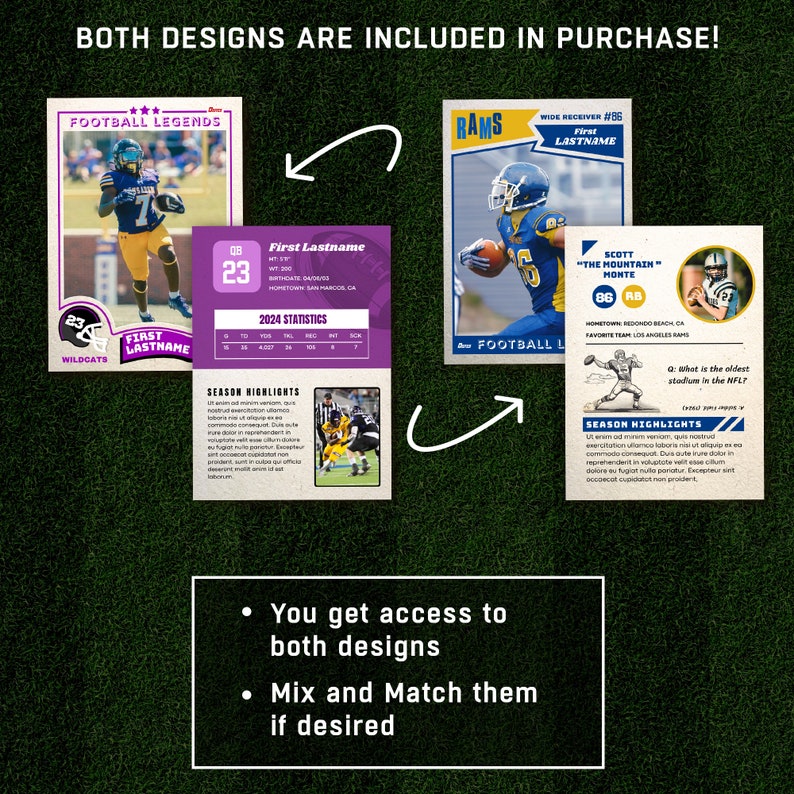 May include: Two different designs for a football player trading card template. The first design is purple and features a football player in a white uniform with the number 23. The second design is green and features a football player in a blue uniform with the number 86. The text "You get access to both designs" and "Mix and Match them if desired" is displayed below the cards.