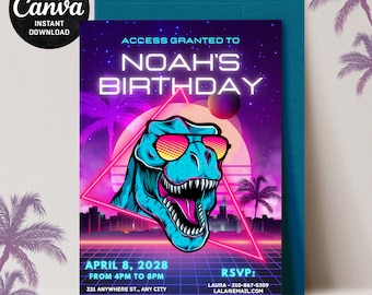 Bewerkbare sjabloon Vaporwave dinosaurus verjaardagsuitnodiging - gepersonaliseerde retro jaren 80 dino-feestuitnodiging
